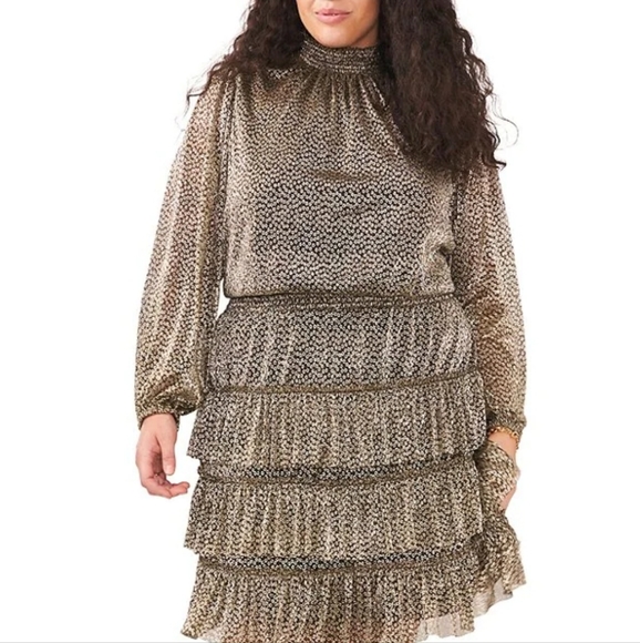 Plus Size Long Sleeve Mock Neck Smocked Waist Tiered Metallic Dress - Picture 1 of 10